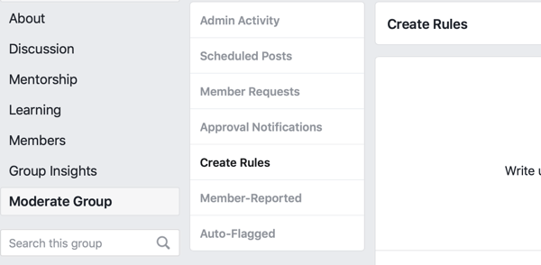 Cómo mejorar su comunidad de grupo de Facebook, opción de menú de Facebook para crear reglas para moderar su grupo