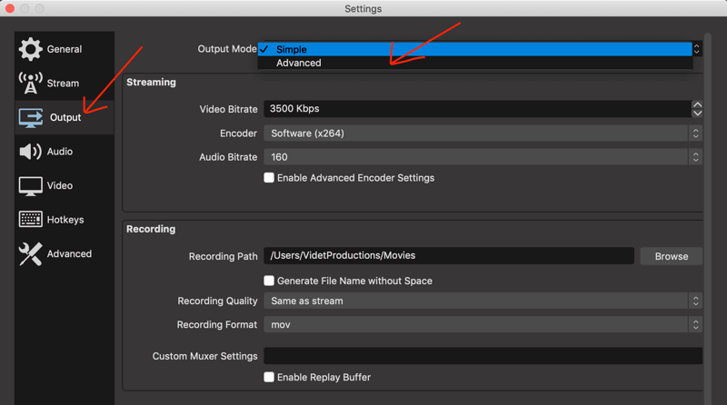 Pestaña Salida en la configuración de OBS Studio