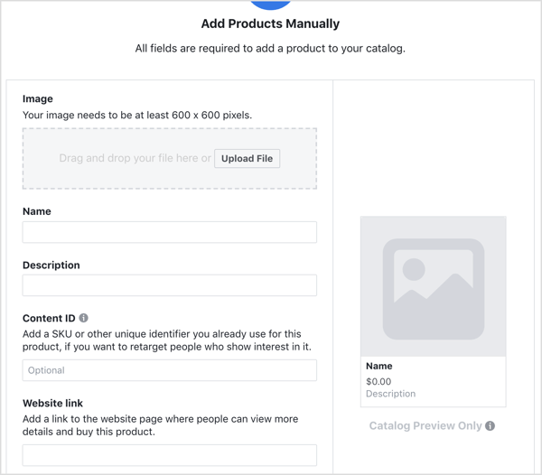 Ingrese los detalles para agregar un producto a su catálogo de Facebook.