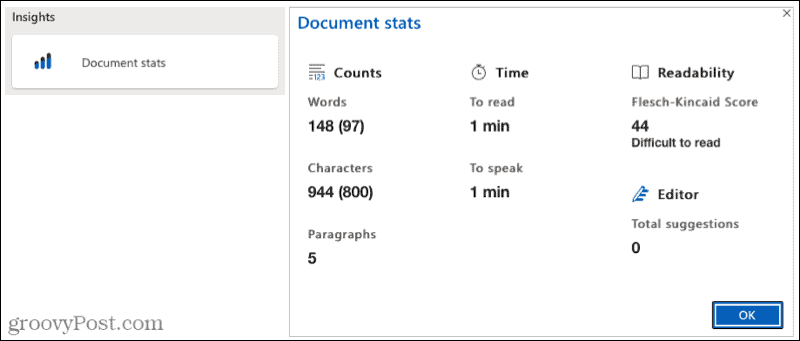 Estadísticas de documentos de Microsoft Editor