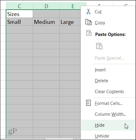 Ocultar acceso directo de columna en Excel en Windows