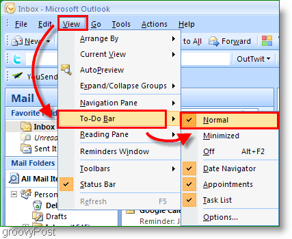 Barra de tareas de Outlook 2007 - Personalizar la vista a normal