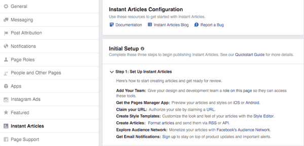 pantalla de configuración de artículos instantáneos de facebook