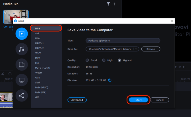 exportar archivo de video en Movavi Video Editor Plus