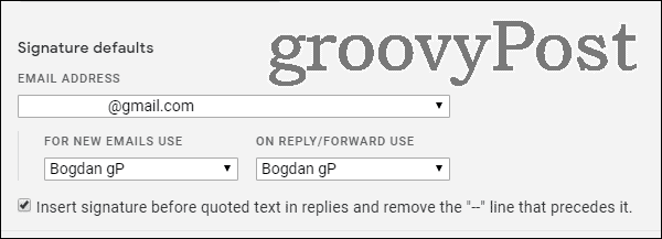 Configuración predeterminada de Gmail Multiple Signatures firma predeterminada