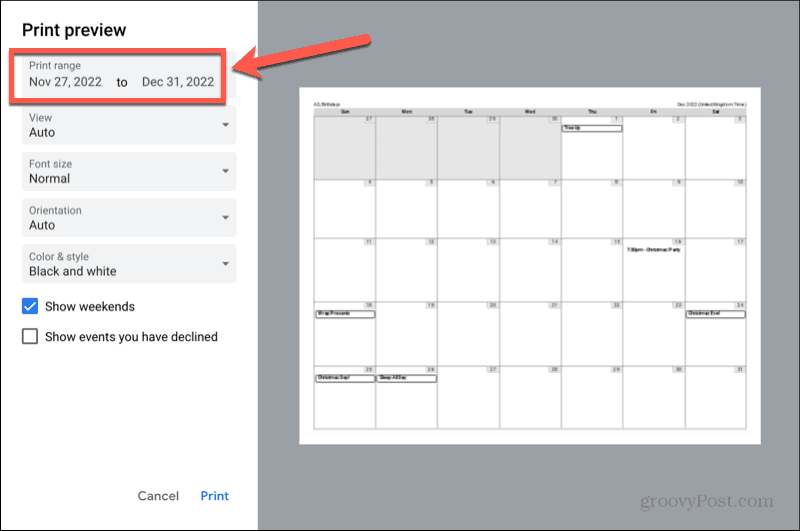 rango de impresión del calendario de google