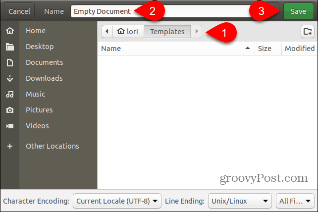 Guarde el archivo de plantilla Documento vacío en la carpeta Plantillas en Ubuntu