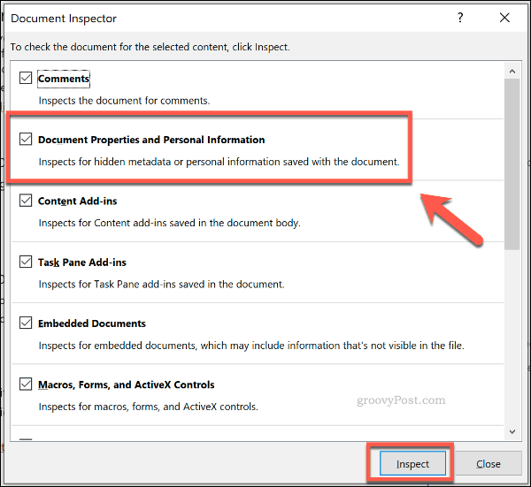 Ventana del Inspector de documentos en PowerPoint