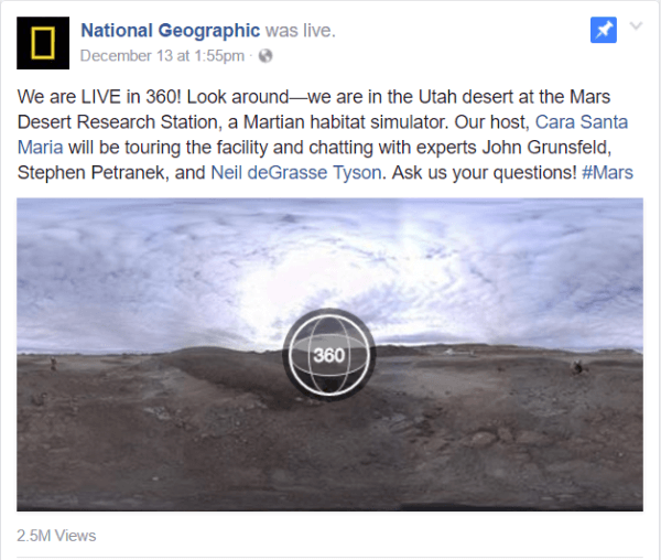 Facebook lanzó el video Live 360 ​​esta semana con un informe de National Geographic de las instalaciones de Mars Desert Research Station en Utah.