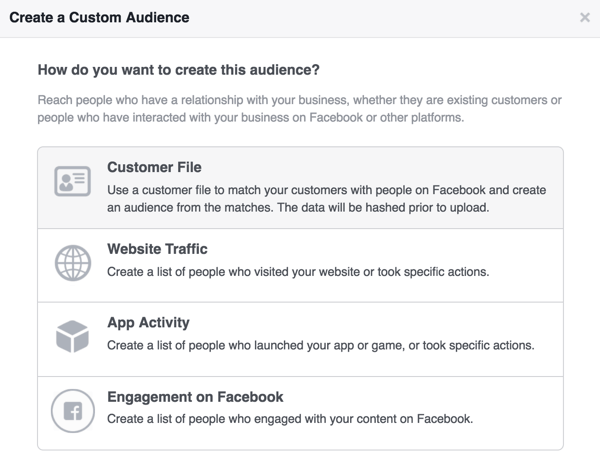 Seleccione Archivo de cliente para crear su audiencia personalizada de Facebook de suscriptores al boletín.