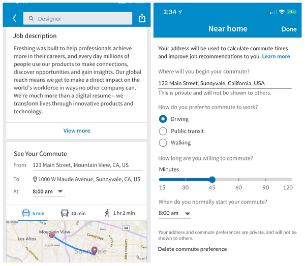 Los miembros de LinkedIn ahora pueden ver los tiempos de viaje estimados en un día de trabajo típico desde la ubicación actual de su dispositivo hasta los trabajos publicados en LinkedIn.