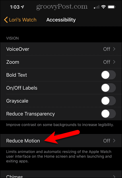 Toque la opción Reducir movimiento en iPhone
