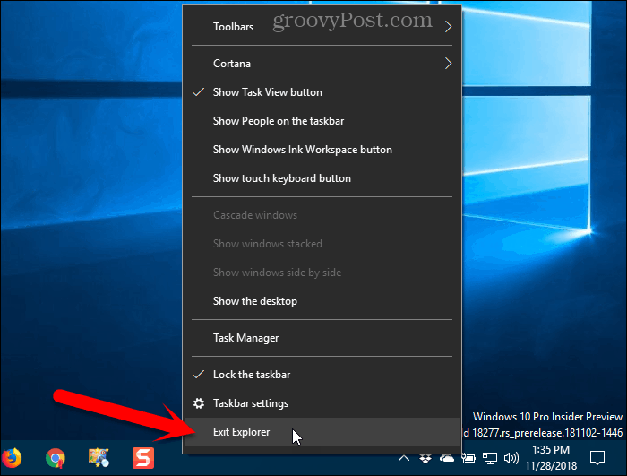 Seleccione Exit Explorer en el menú contextual de la barra de tareas en Windows 10
