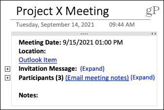 Detalles de la reunión en OneNote en Mac