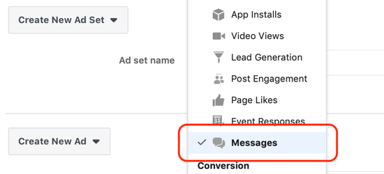 Cómo obtener clientes potenciales con anuncios de Facebook Messenger, mensajes establecidos como destino a nivel de conjunto de anuncios