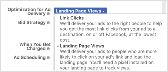 Optimice la entrega de anuncios de Facebook para las vistas de página de destino.