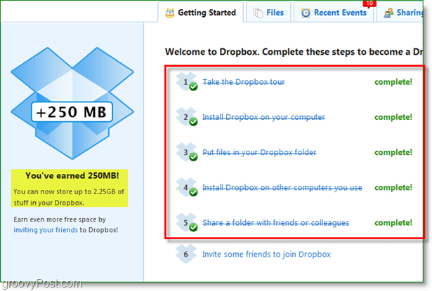Captura de pantalla de Dropbox: 250 MB de espacio rápidamente recompensados