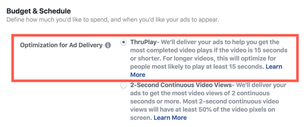 Optimización de Facebook ThruPlay para anuncios de video, paso 2.