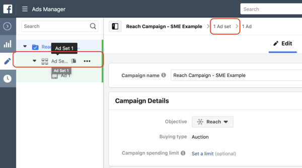 Cómo crear anuncios de alcance de Facebook, paso 3, configuración para navegar al nivel de conjunto de anuncios de su campaña