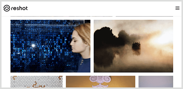 Reshot es un sitio de fotografías de archivo con imágenes seleccionadas. La captura de pantalla de la biblioteca de fotos en el sitio web de Reshot incluye el perfil de una mujer blanca con cabello rubio frente a un azulejo azul iridiscente y un paisaje brumoso con siluetas de árboles.