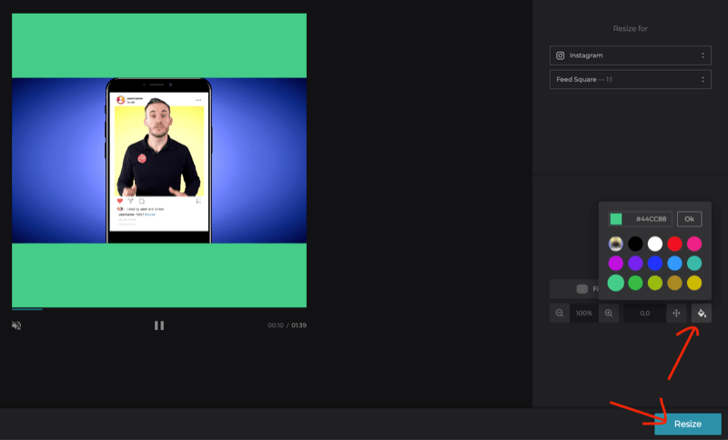 seleccione el color de fondo para el video cuadrado en Clideo Online Video Resizer
