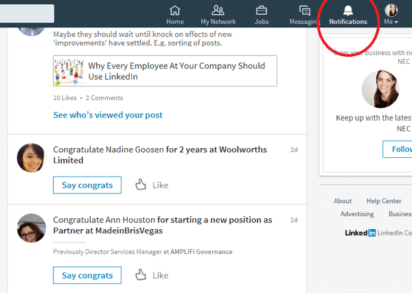 Cuando haces clic en el ícono de Notificaciones, LinkedIn muestra las conexiones que recientemente han tenido una ocasión especial.