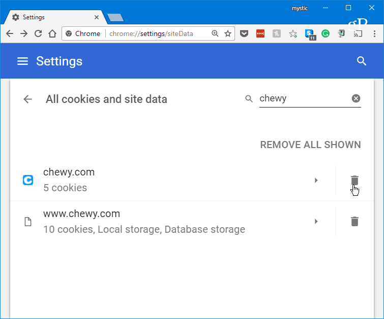 Buscar eliminación de cookies específicas