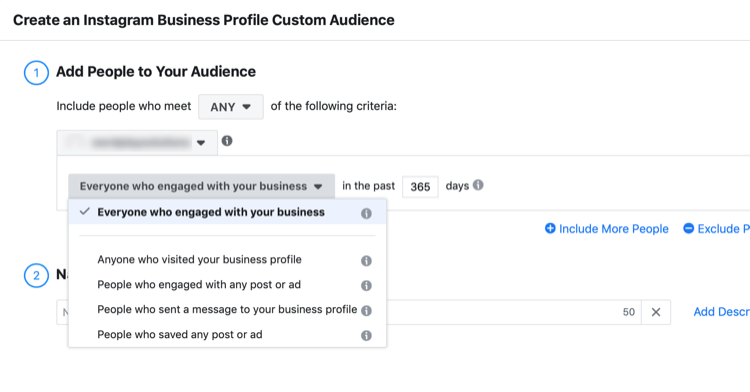Crear un cuadro de diálogo de audiencia personalizada de perfil comercial de Instagram