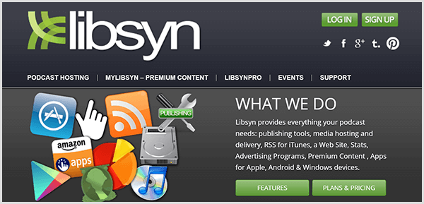 Chris Brogan utiliza Libsyn para alojar los archivos de audio de su sesión informativa flash de Alexa. El sitio web de Libsyn tiene elementos de navegación para alojamiento de podcasts, contenido premium, funciones profesionales, eventos y soporte.