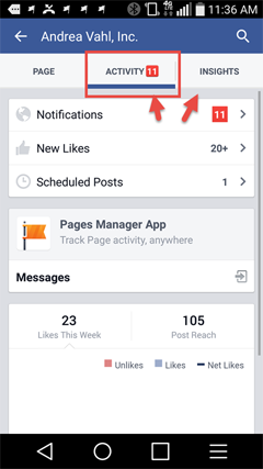 ver notificaciones de la página desde la aplicación de Facebook