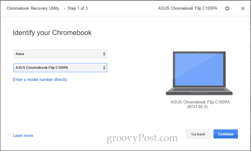 utilidad de recuperación de Chromebook elegir modelo