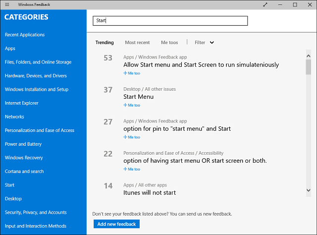 Aplicación de comentarios de Windows 10
