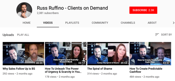Formas para que las empresas B2B utilicen videos en línea, Russ Ruffino muestra el canal de YouTube de videos de entrevistas