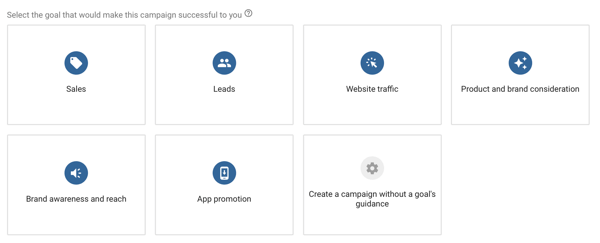 Cómo configurar una campaña de anuncios de YouTube, paso 4, elegir un objetivo de anuncio de YouTube, opciones de objetivos de campaña