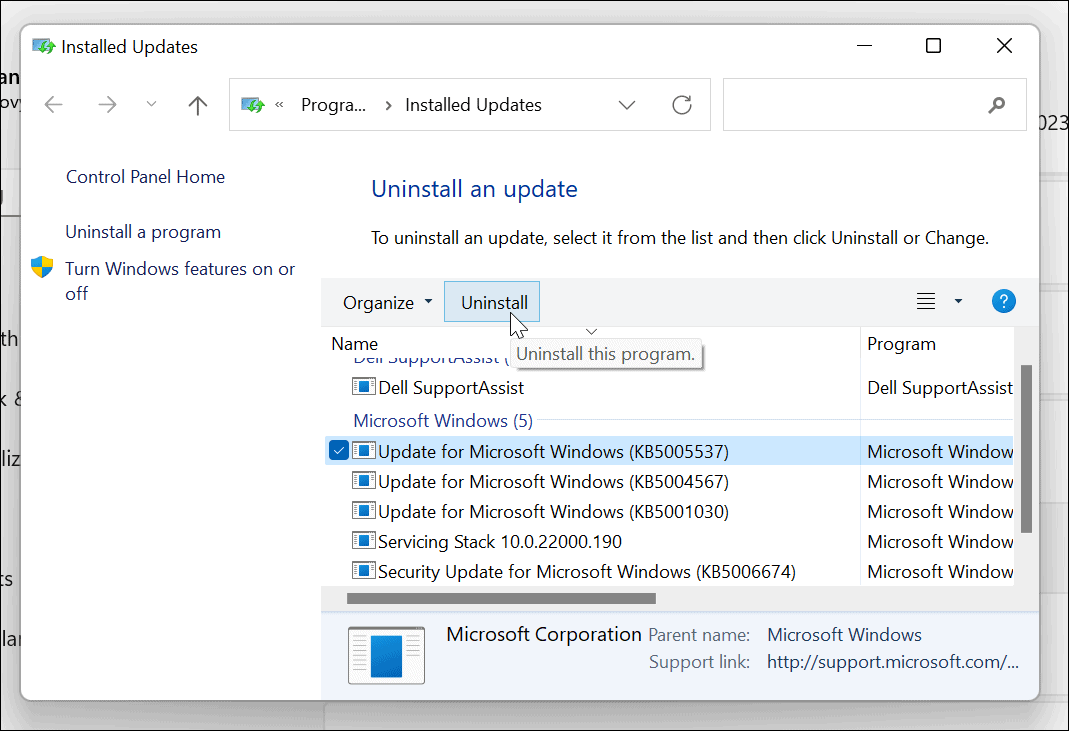 desinstalar la actualización acumulativa de windows 11