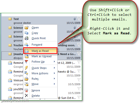 seleccione varios correos electrónicos y marque varios correos electrónicos como leídos o no leídos en Outlook Office 2010