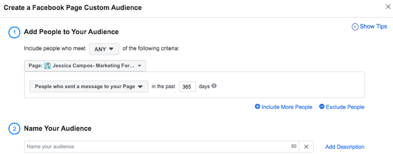 configurar una audiencia personalizada de Facebook de personas que enviaron mensajes a la página