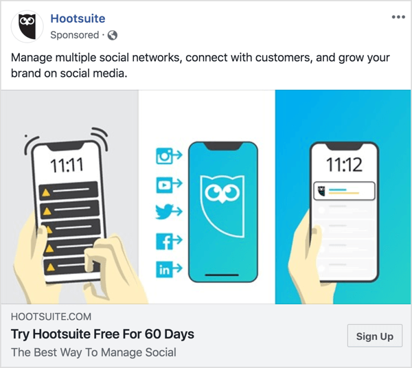 El mensaje en el anuncio de Hootsuite en Facebook es claro y conciso. 