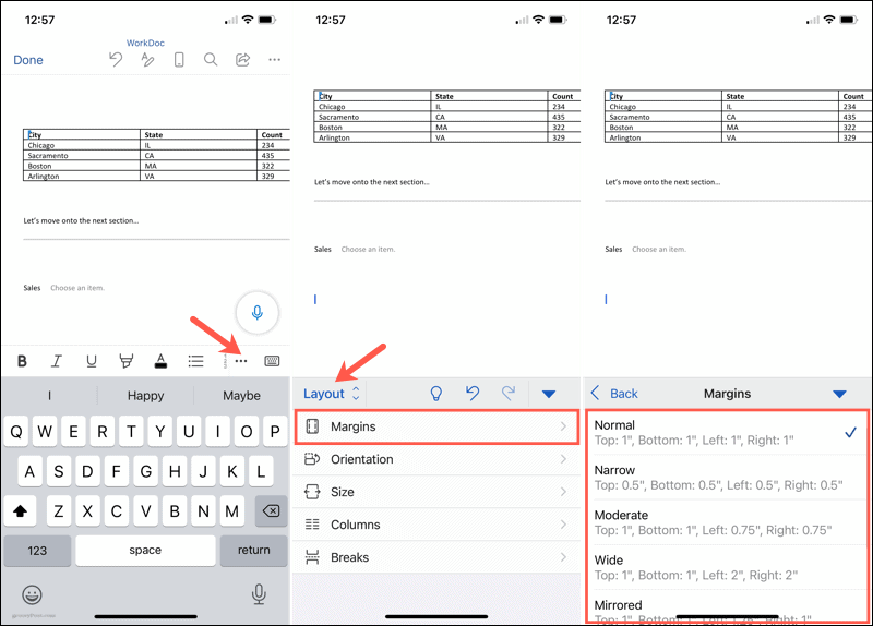 Cambiar los márgenes en Word en dispositivos móviles