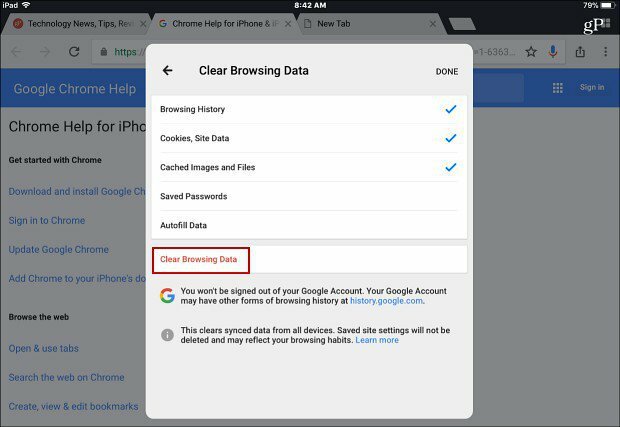 Borrar la información de navegación de la aplicación de Chrome iOS