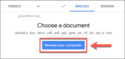 El botón Examinar su computadora en el sitio web de Google Translate