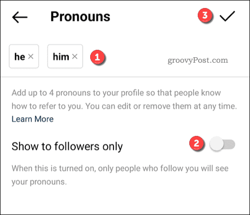 Agregar pronombres a un perfil de Instagram