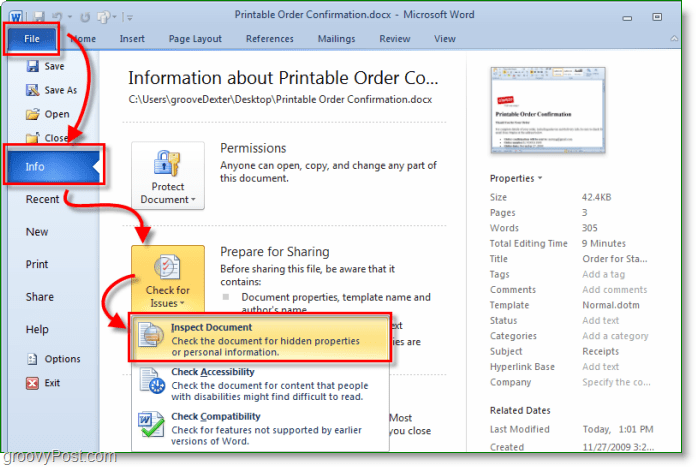 Cómo acceder al inspector de documentos en Microsoft Office 2010