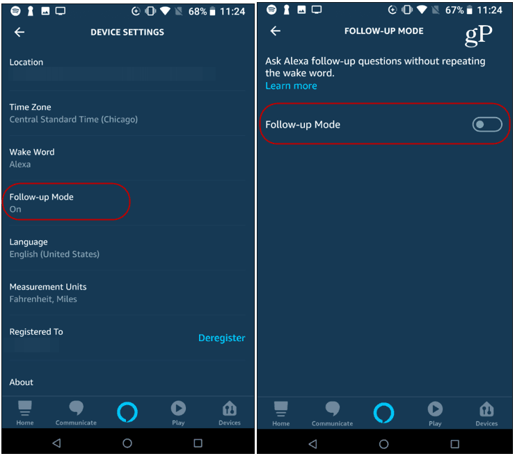 Configuración de la aplicación Alexa Desactivar el modo de seguimiento