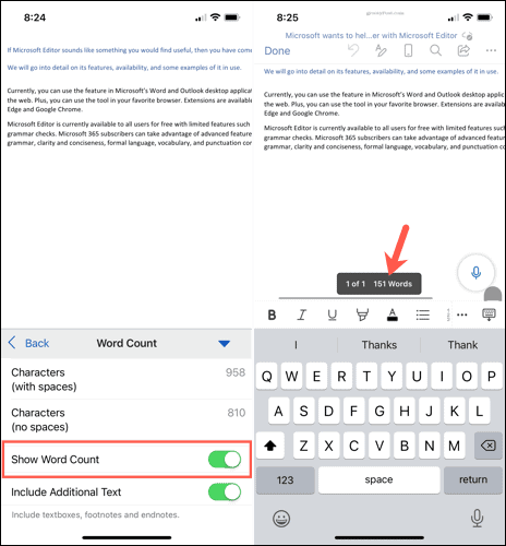 Mostrar el recuento de palabras en Word en dispositivos móviles