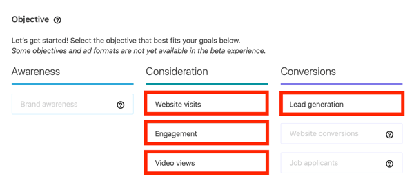 Cómo crear un anuncio carrusel de generación de leads en LinkedIn, paso 1, opciones de objetivos de campaña
