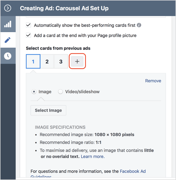 Haga clic en el icono + para agregar una tarjeta a su anuncio de carrusel de Facebook.