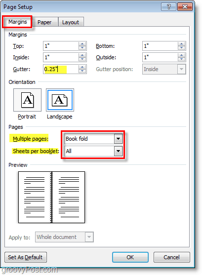 use la configuración de página de Word 2010 para cambiar la configuración de diseño para prepararse para hacer un folleto