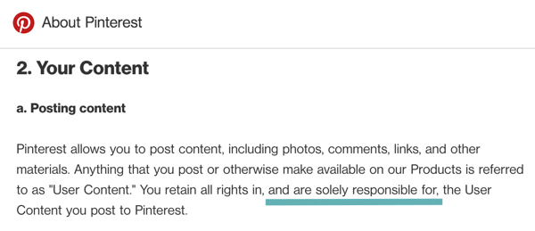 Los términos de Pinterest dicen claramente que eres responsable del contenido de usuario que publicas.