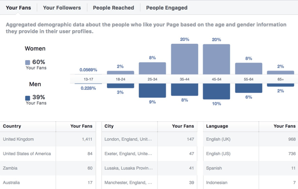 Datos demográficos de la audiencia de Facebook Insights.
